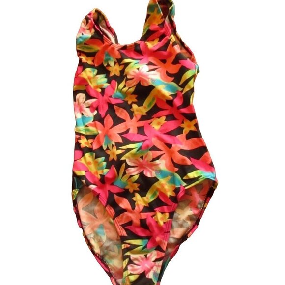 Vintage 1980's GIRLS 10 Swimsuit Medium  NYLON STRETCH COLORFUL PINK One Piece - Picture 1 of 5